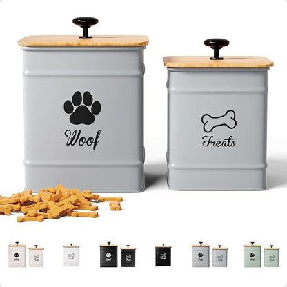 Dog Treat Container Airtight Set of 2 - 8x6 & 7x5 inch Iron Dog Treat Jars for Kitchen Counter with Airtight Bamboo Lids - 20 Cup Capacity Pet Treat Container Set - Doggie Cookie Jar - Treats Canister