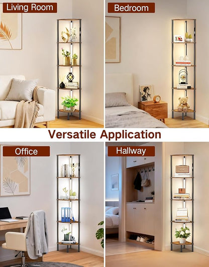 5-Tier Corner Bookshelf with LED Lights, Touch & Remote Control, 3 Color Temperatures, Dimmable Narrow Display Shelf for Living Room, Bedroom, Office (Rustic Brown)