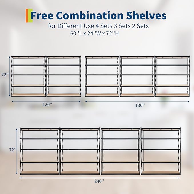 Garage Storage Shelves 5 Tiers, Heavy Duty Storage Shelving Racks with 3000 LBS Capacity, 60 " L x 24 in W x 72 in H Metal Adjustable Shelving Unit for Kitchen Pantry Basement Bathroom Laundry