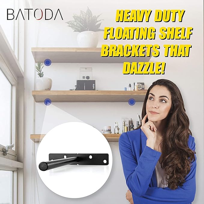 BATODA 6" Floating Shelf Bracket Heavy Duty (4 pcs) – Solid Steel Blind Shelf Supports - Hidden Brackets for Floating Wood Shelves - Blind Shelf Support - Shelving Mounting Hardware Included (Pack 4)