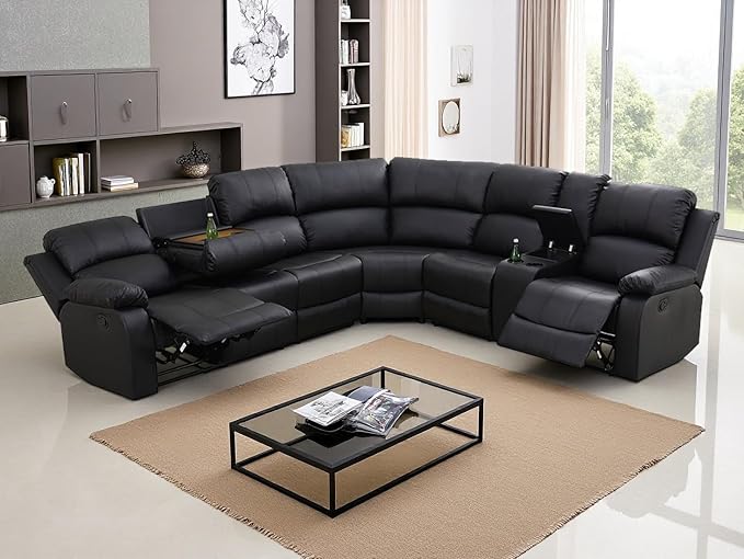 Living Room Furniture Sets, Black Leather Sectional Recliner Sofa Set with Drop-Down Table, Cup Holders, Storage Console, 3 Pieces Reclining Sectional Sofa Couch for Living Room, Bedroom