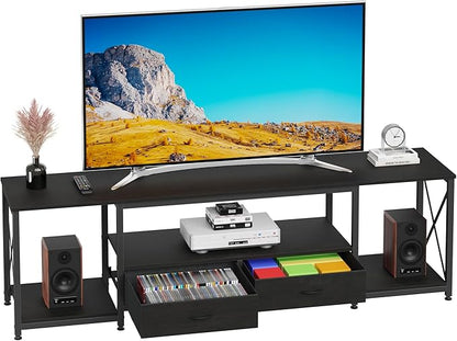 GYIIYUO TV Stand with Fabric Drawers for 75 80 Inches TV - Entertainment Center and Industrial TV Console Table with Open Storage Shelves for Living Room, Bedroom- 71.5" Black