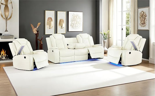 Leather Power Recliner Sofa and 2 Chairs Sets with LED and Arm Storage,Creamy White Leather Living Room Reclining Sofa with Read Lights, Power Recliner Chair with Cup Holders for Home/Office