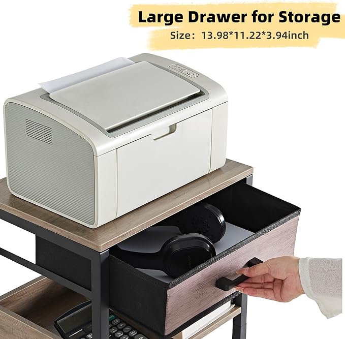 Lerliuo Grey Printer Stand with Fabric Drawer, 3 Tier Industrial Side Table, Modern Small Printer Desk Holder with Storage Shelf,Multi-Functional Bedside Tables for Home Office Fax Machine Scanner