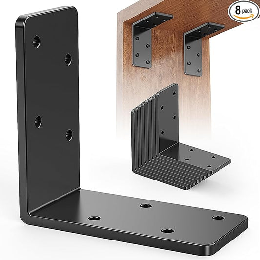 8 Pcs 3"x3" L Brackets Heavy Duty, Galvanized Corner Brace for Wood, Angle Iron with Recessed Holes, 90 Degree Angle Bracket for Floating Shelves, Wood Beams, Furniture, Bed -Black