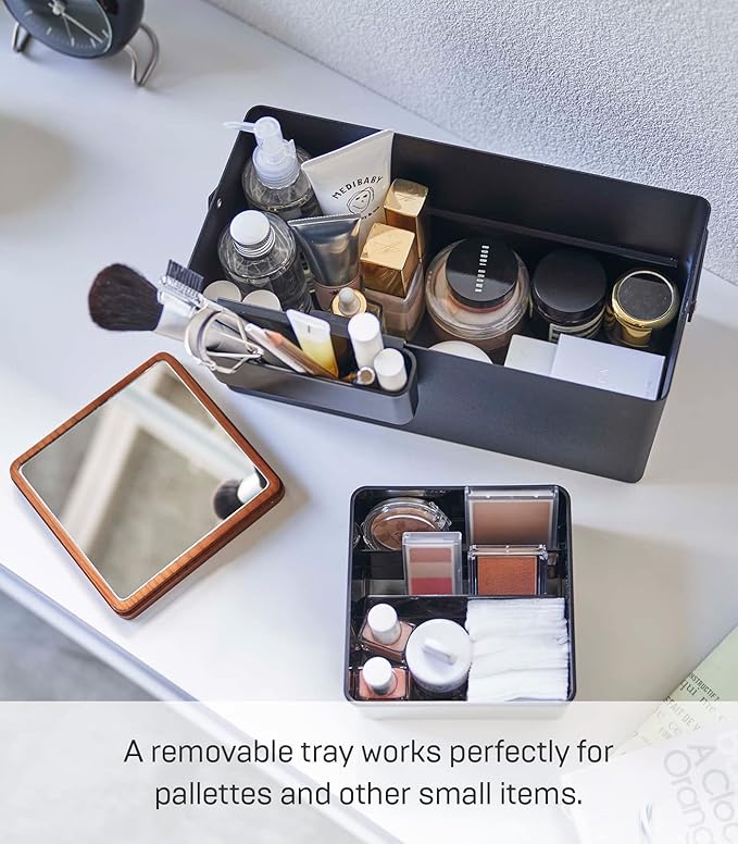 YAMAZAKI Home Tower Large Makeup Organizer Cosmetic Caddy With Handle Vanity Storage Drawer With Lid - Steel + Wood