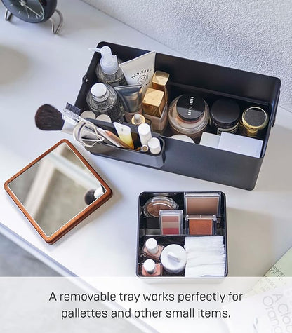 YAMAZAKI Home Tower Large Makeup Organizer Cosmetic Caddy With Handle Vanity Storage Drawer With Lid - Steel + Wood