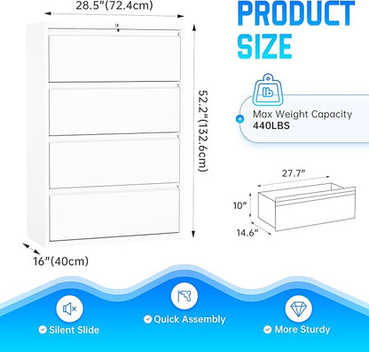 Greenvelly 4 Drawer File Cabinet, Lateral Filing Cabinet for Home Office, White Metal File Cabinet with Lock, Lockable Lateral File Cabinet with Hanging Files&Key for Letter/Legal/F4/A4