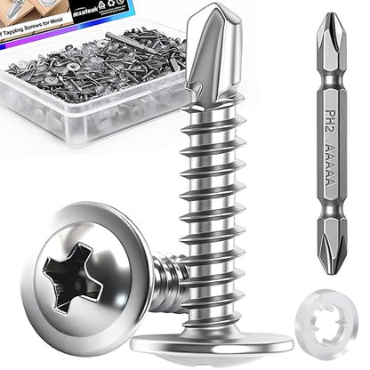 mxuteuk 340PCS #8×1" Self Tapping Screws,410 Stainless Steel Self Drilling Screws,Phillips Modified Truss Head Self Tapping Screw for Metal,Plastic,Wood(170pcs Silver Screw+170pcs Washer)