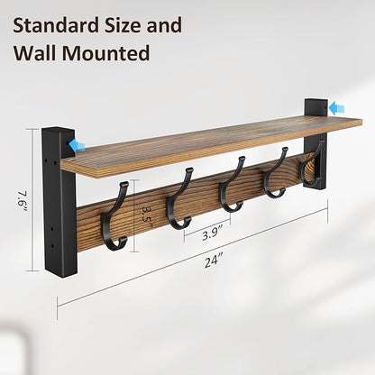 Coat Rack Wall Mount with Shelf, 24 Inch Coat Hanger Walls Mounted, Hat Rack for Walls, Shelf with 5 Coat Hooks, Wall Hanger for Entryway (Brown)