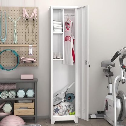 GREATMEET Broom Closet Storage Cabinet, Metal Utility Cabinet, Tall Laundry Room Cabinet, Slim Storage Cabinets for Laundry, Living Room, Office, White