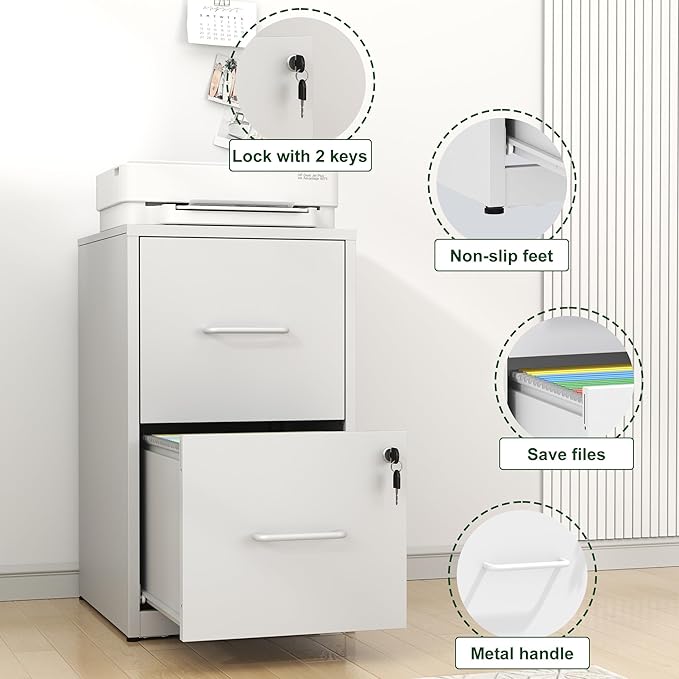 2 Drawer File Cabinet, Vertical File Cabinets with Lock for Home Office,Heavy Duty Office Steel Filing Cabinet for Hanging Letters/Legal/A4, Assembly Required (White)