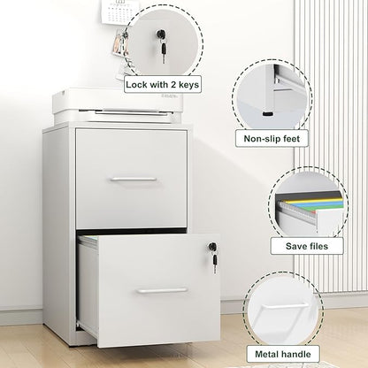 2 Drawer File Cabinet, Vertical File Cabinets with Lock for Home Office,Heavy Duty Office Steel Filing Cabinet for Hanging Letters/Legal/A4, Assembly Required (White)