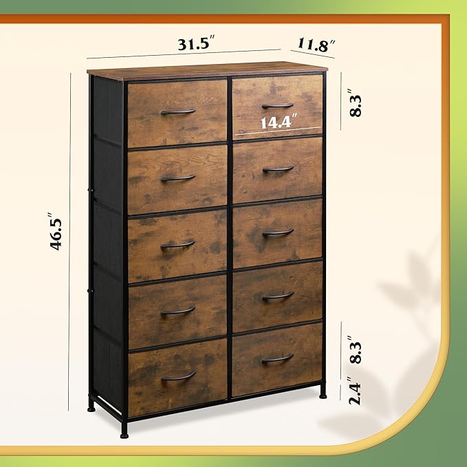 WLIVE Tall Dresser for Bedroom with 10 Drawers, Fabric Dresser for Closet, Storage Tower with Cabinet, Metal Frame, Rustic Brown Wood Grain Print