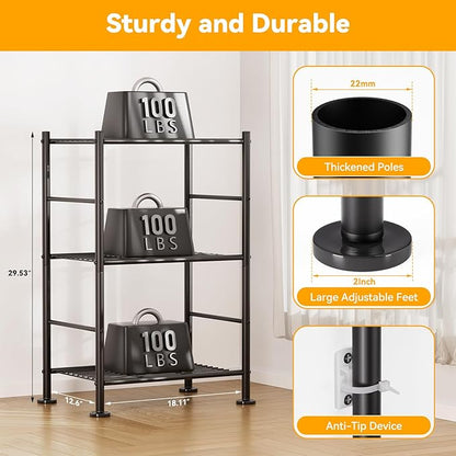 3 Tier Shelf Organizer Rack, Metal Shelving Unit with Adjustable Leveling Feet, Space-Saving Storage Shelves for Closet Laundry Bathroom Kitchen Pantry, 18.11" Wx12.6 Dx29.53 H, Black