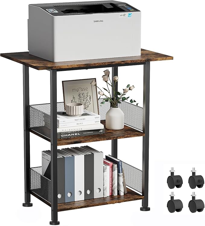 Printer Stand, 3-Tier Industrial Large Printer Table with Shelf, 23"x15" Mobile Heavy Duty Storage Rack on Wheels for Home Office Printer Fax Machine Scanner Copier