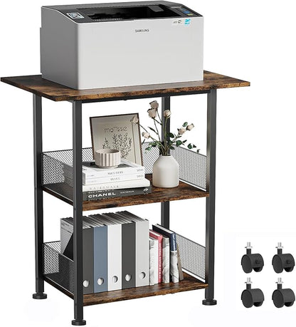 Printer Stand, 3-Tier Industrial Large Printer Table with Shelf, 23"x15" Mobile Heavy Duty Storage Rack on Wheels for Home Office Printer Fax Machine Scanner Copier