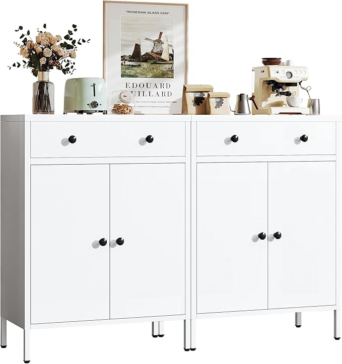 Metal Storage Cabinet with Drawer and Adjustable Shelf, 2-Piece Set White Steel Sideboard Buffet Cabinet, Coffee Bar Cabinet for Kitchen, Dining Room, Entryway