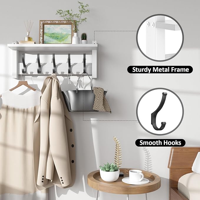 Coat Rack Wall Mount with Shelf, 17.1 Inch Coat Hanger Walls Mounted, Hat Rack for Walls, Shelf with 5 Coat Hooks, Wall Hanger for Entryway (White)