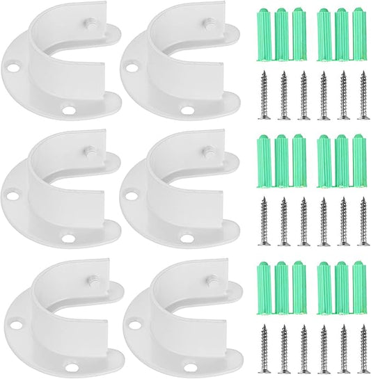 OwnMy 6 Packs Closet Rod End Supports Brackets 1-1/4" Curtain Flange Rod Holder, U Shaped Stainless Steel Closet Pole Sockets Opening Flange Rod Bracket for Closet Shelf Wardrobe Shower Curtain, White