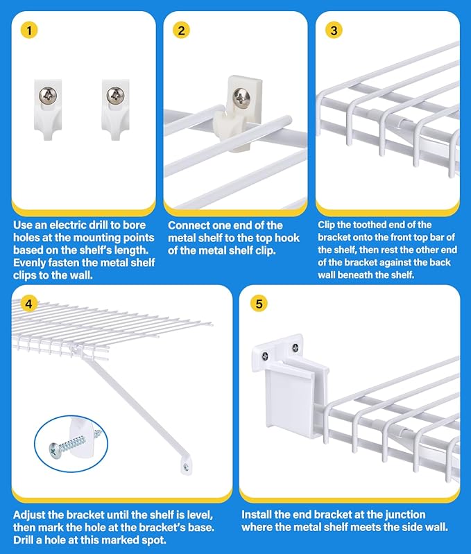 6 Pack 12 Inch Wire Shelf Brackets Set, Closet Maid Support Brackets with Anchors and Screws, Wire Closet Shelving Accessories with 12 PCS Wire Shelf Clips for Wardrobe and Wall Bracket