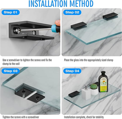 Ranbo 2 Pcs Frameless Glass Clamp Brackets for Shelf and Shower, Heavy Duty Wall Mount Rectangular Holders for 1/4" to 1/2" Panels, Matte Black Finish Hardware