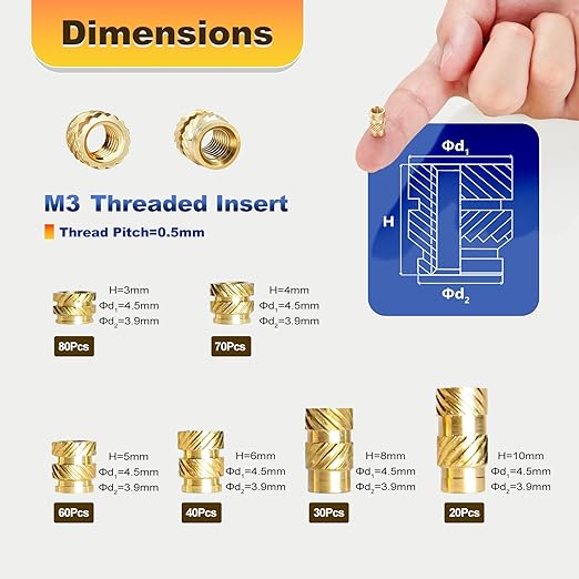 300 Pcs M3 Threaded Inserts for Plastic with Heat Set Tip,M3*(3mm-10mm Hight)*4.5mm Heat Set Inserts Kit,Brass Inserts for 3D Pringting