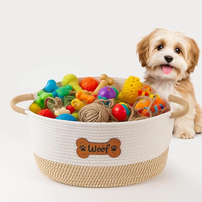 Dog Toy Basket, Dog Toy Box Organizer Baskets, Woven Cotton Rope Pet Puppy Dogs Toy Bin With Handle, Chew Toys Blankets Leashes Storage Baskets for All Pets - Puppies to Large 14" L x 10.2" W x H 7.9"
