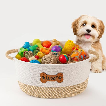 Dog Toy Basket, Dog Toy Box Organizer Baskets, Woven Cotton Rope Pet Puppy Dogs Toy Bin With Handle, Chew Toys Blankets Leashes Storage Baskets for All Pets - Puppies to Large 14" L x 10.2" W x H 7.9"