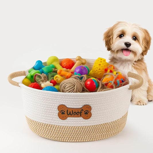 Dog Toy Basket, Dog Toy Box Organizer Baskets, Woven Cotton Rope Pet Puppy Dogs Toy Bin With Handle, Chew Toys Blankets Leashes Storage Baskets for All Pets - Puppies to Large 14" L x 10.2" W x H 7.9"