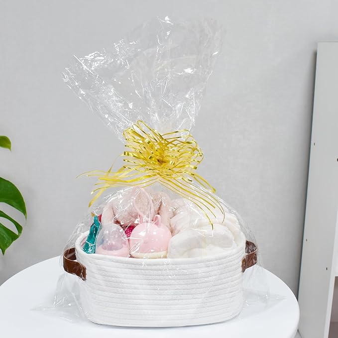 ABenkle Small White Basket with Handle, Soft Woven Storage Bins Baskets for Cat and Dog Toys Organizer, Decorative Shelves Closet Organizing Basket Chest Box, Empty Gift Baskets