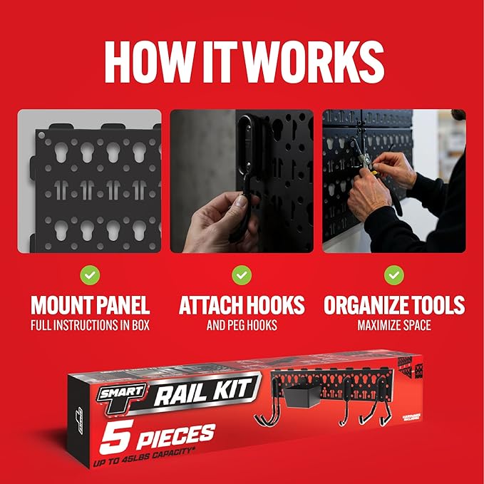 Smart T Garage Storage Pegboard Set | 5 Piece Tool Organizer - Heavy Duty Organizer Wall Mount or Shelving Hooks