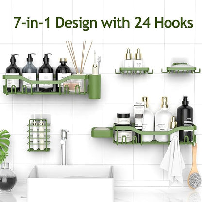 Shower Caddy Adhesive Shower Organizer 7-Pack, Rustproof Stainless Steel Bathroom Shelves, Large Capacity No-Drill Rack Storage Accessories with Soap Dish Toothbrush Holder Hooks