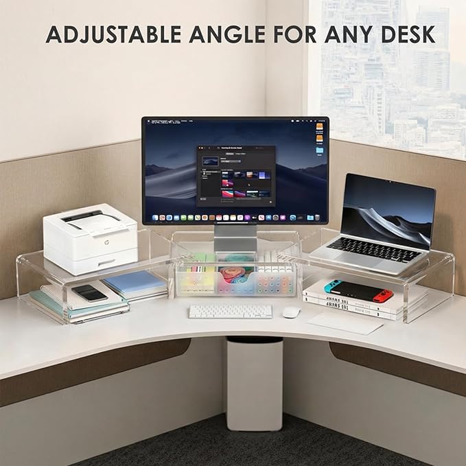 OPNICE Clear Acrylic Desk Organizers and Accessories, Dual Monitor Stand Riser with Drawer, Desk Shelf Computer Racks for Office Workspace Organizers, Desktop Organization