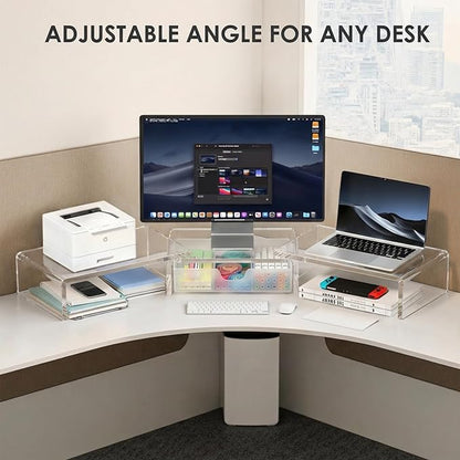 OPNICE Clear Acrylic Desk Organizers and Accessories, Dual Monitor Stand Riser with Drawer, Desk Shelf Computer Racks for Office Workspace Organizers, Desktop Organization