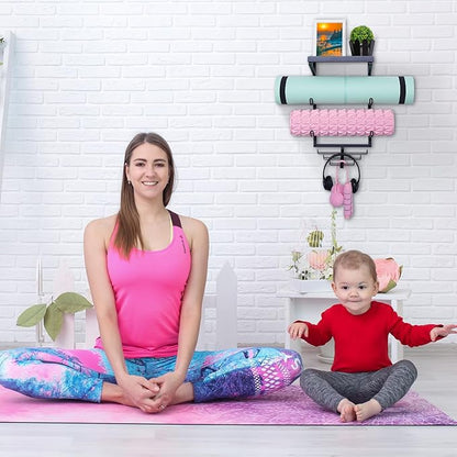 Yoga Mat Holder Wall Mount Yoga Mat Storage Rack Home Gym Accessories with 3 Sectional and 7 Hooks for Hanging Foam Roller and Resistance Bands at Fitness Class or Home Gym