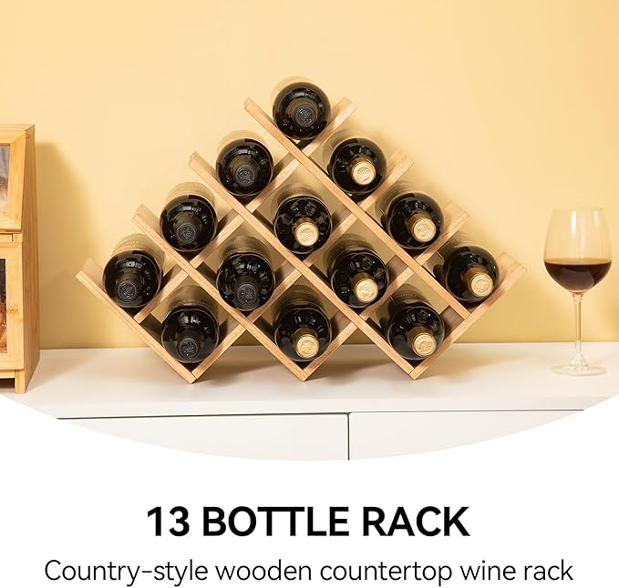 KIRIGEN Wooden 13-Bottle Wine Rack - Nature Wood 4-Tier Wine Display Rack/Free Standing and Countertop Storage Shelf - Bottle Holder/Cabinet Glass XHJJ4-NA
