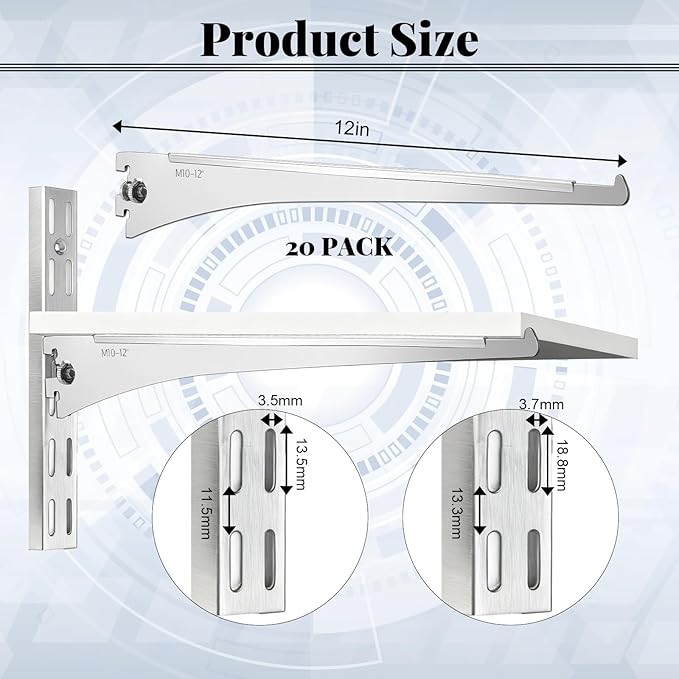 20 Pcs Adjustable Shelf Brackets, Shelving Brackets Single Track Twin Track Upright Wall Shelving System for Shelvings Shelf Standard Stand for Home Utility Room Kitchen Closet (Silver,12 Inch)