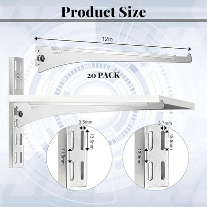20 Pcs Adjustable Shelf Brackets, Shelving Brackets Single Track Twin Track Upright Wall Shelving System for Shelvings Shelf Standard Stand for Home Utility Room Kitchen Closet (Silver,12 Inch)