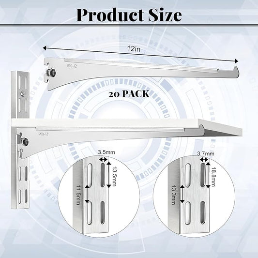20 Pcs Adjustable Shelf Brackets, Shelving Brackets Single Track Twin Track Upright Wall Shelving System for Shelvings Shelf Standard Stand for Home Utility Room Kitchen Closet (Silver,12 Inch)