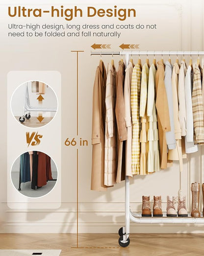 Heavy Duty Clothes Rack, Metal Clothing Rack Load 450 LBS, Rolling Coat Racks for Hanging Clothes with Lockable Wheels, Wardrobe Closet Garment Racks for Bedroom, White