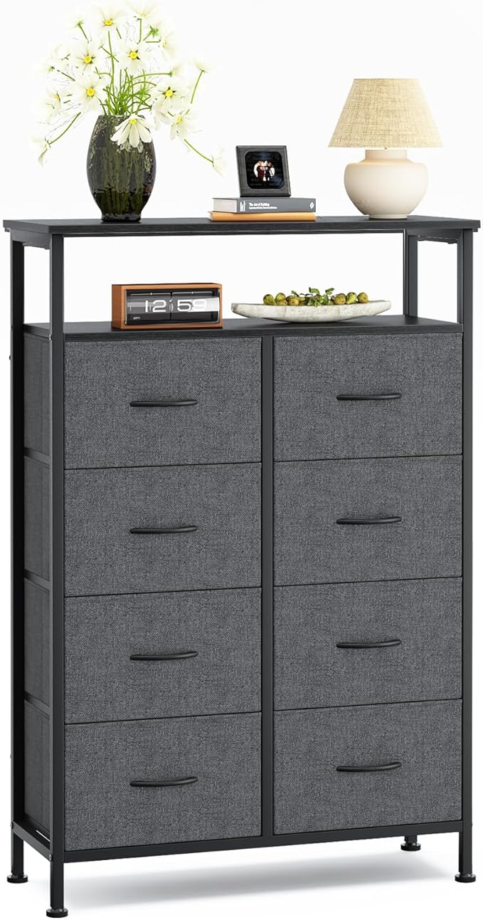 DUMOS TV Stands for Living Room with 8 Drawers, Tall 8-Drawer Chest of Drawers with Raised Shelf, Storage Tower with Fabric Bins for Organization, Hallway Storage, Grey