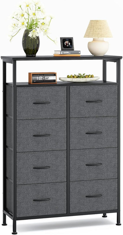 DUMOS TV Stands for Living Room with 8 Drawers, Tall 8-Drawer Chest of Drawers with Raised Shelf, Storage Tower with Fabric Bins for Organization, Hallway Storage, Grey