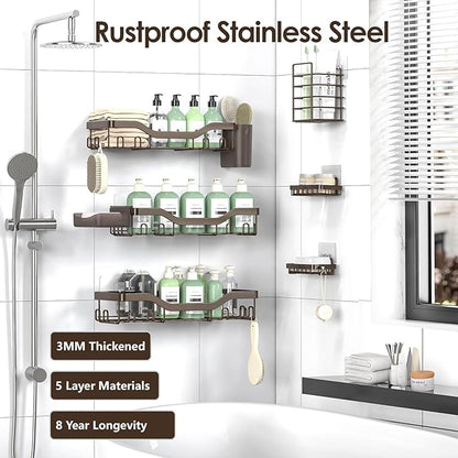 Shower Caddy Adhesive Shower Organizer 8-Pack, Rustproof Stainless Steel Bathroom Shelves, Large Capacity No-Drill Rack Storage Accessories with Soap Dish Toothbrush Holder Hooks