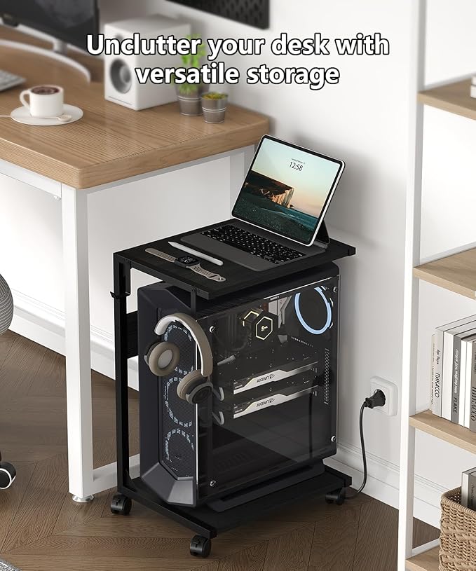 2 Tier Computer Tower Stand with Charging Station, 11.8" D x 16.5" W Rolling Floor PC Tower Stand Fits Under Desk, CPU Holder Cart for Carpet with Hooks, Home Office