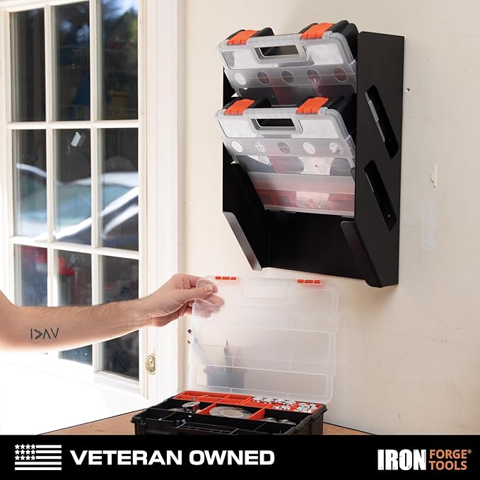 Iron Forge Tools Small Parts Tool Organizer, Service Truck, Cargo Van Shelving- Metal Wall Mount Rack & 3 Hardware Storage Bin Nuts and Bolts Boxes
