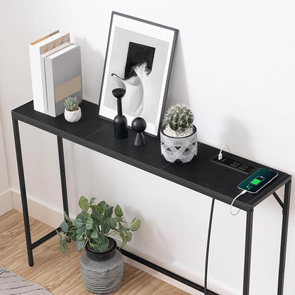 Console Table, Narrow Sofa Table, 43.3” Entrance Table with Power Station, Behind Couch Table, Simple Style, for Living Room, Hallway, Entryway, Foyer, Black CTHB112E01