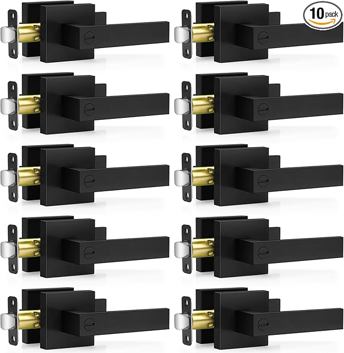 10 Pack Matte Black Door Handles, Keyless Interior Door Knobs, Privacy Door Lever Locksets for Bedroom Bathroom, Heavy Duty Square Door Lock (2.0lb), Reversible for Left&Right Handled Doors