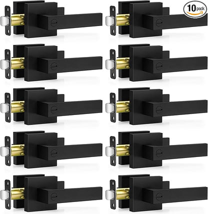 10 Pack Matte Black Door Handles, Keyless Interior Door Knobs, Privacy Door Lever Locksets for Bedroom Bathroom, Heavy Duty Square Door Lock (2.0lb), Reversible for Left&Right Handled Doors