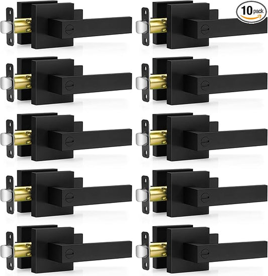 10 Pack Matte Black Door Handles, Keyless Interior Door Knobs, Privacy Door Lever Locksets for Bedroom Bathroom, Heavy Duty Square Door Lock (2.0lb), Reversible for Left&Right Handled Doors